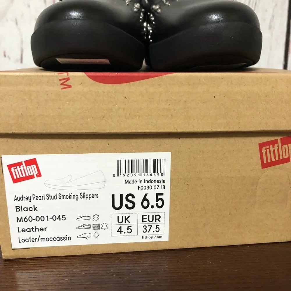 FitFlop Audrey Pearl Stud Smoking Slippers Black Studded Women's Shoes 6.5 NiB